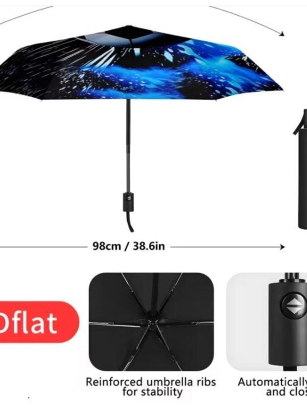 2Dflat Soccer Ball Auto Open Folding Umbrella Windproof Travel - Picture 2 of 5